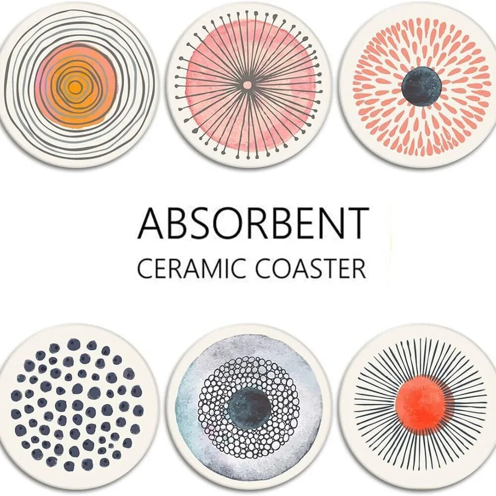 Coaster for Drinks Set of 6, Watercolor Doodle Circles Flower Absorbent Round Ce
